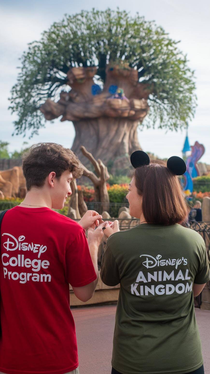 Two people wearing Disney shirts stand in front of a large artificial tree at Disneys Animal Kingdom, smiling at each other and linking pinkies. The tree and lush scenery are visible in the background.