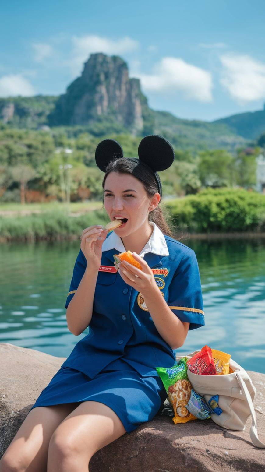 A young woman wearing Mickey Mouse ears and a blue uniform sits outdoors by a lake, eating snacks with an open bag of chips beside her. Green hills and a rocky mountain are visible in the background under a sunny sky.