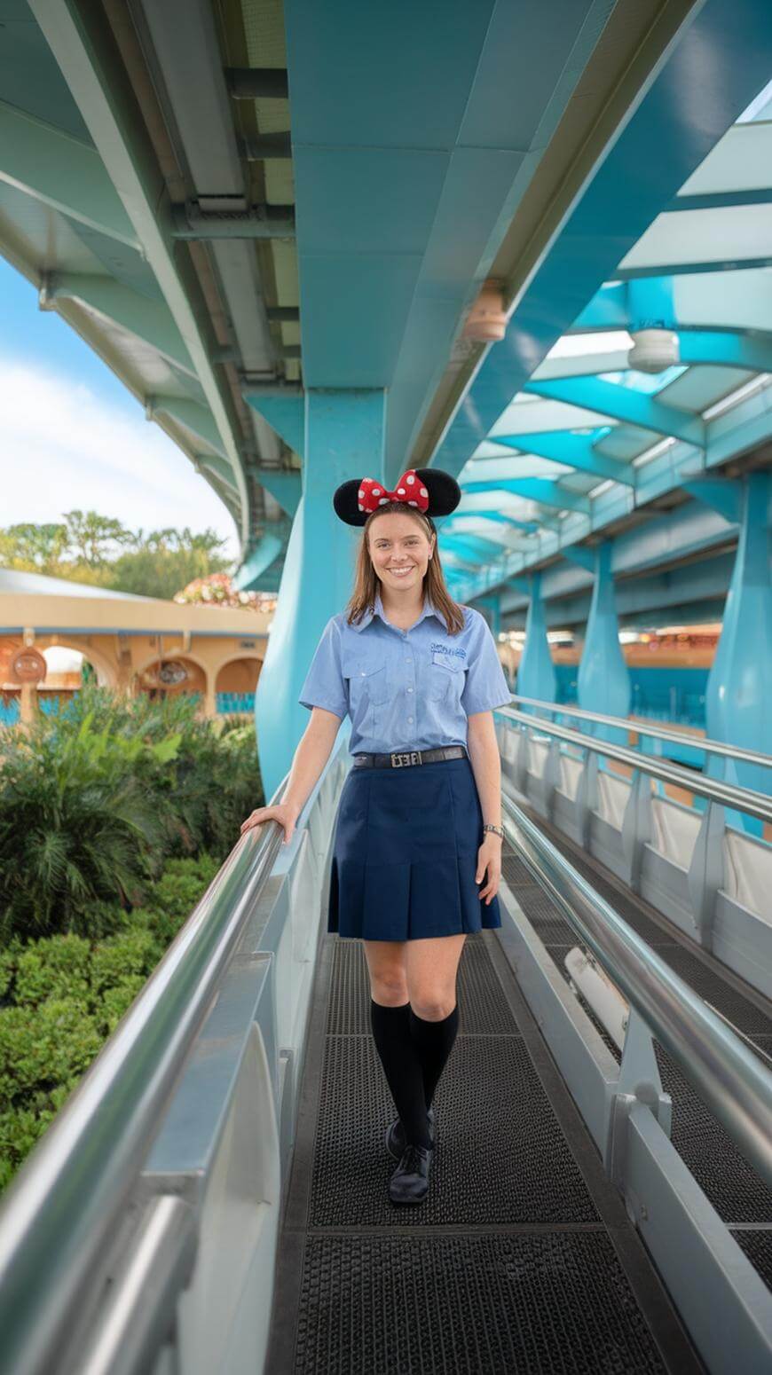 A smiling woman wearing a blue uniform, black knee-high socks, and Minnie Mouse ears stands on a walkway with teal and silver metal beams above her. Lush greenery is visible to the left.