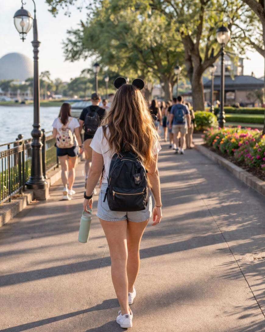A woman wearing mouse ears, a white shirt, shorts, and a backpack walks down a sunny path by a lake, holding a water bottle. Other people walk ahead, and trees and flowers line the walkway. A geodesic dome is visible in the background.