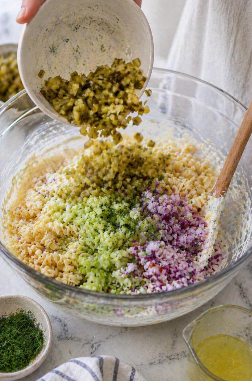 A person adds chopped pickles to a glass bowl containing pasta, chopped celery, and red onion. A wooden spoon is in the bowl, with fresh herbs and dressing nearby on the countertop.
