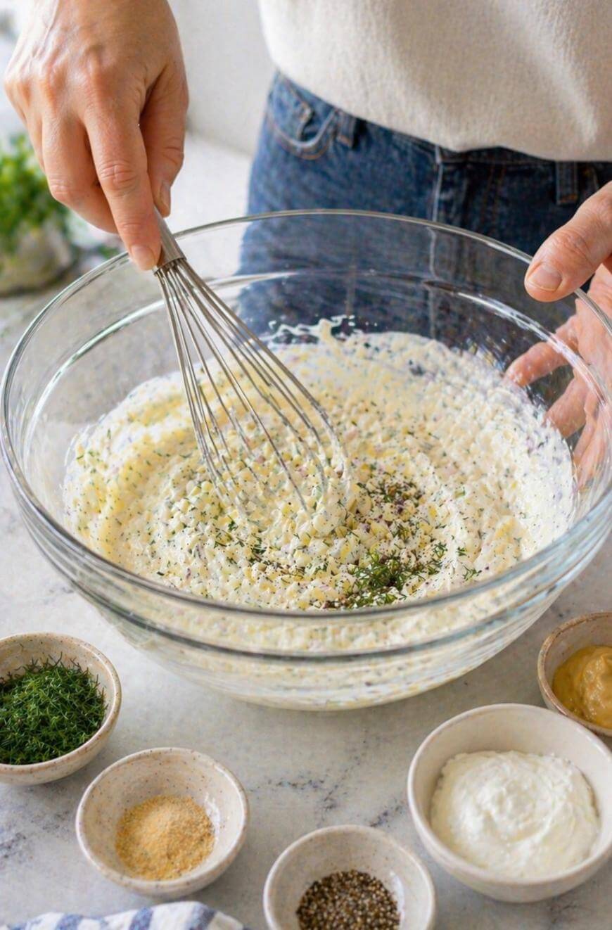 A person whisks a creamy mixture with herbs and seasonings in a glass bowl. Small bowls of spices, mustard, and yogurt are arranged on the counter nearby.