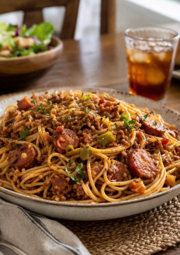 A plate of spaghetti topped with a hearty meat and tomato sauce sits on a woven mat, with a glass of iced tea, a green salad, and a bread roll in the background on a wooden table.