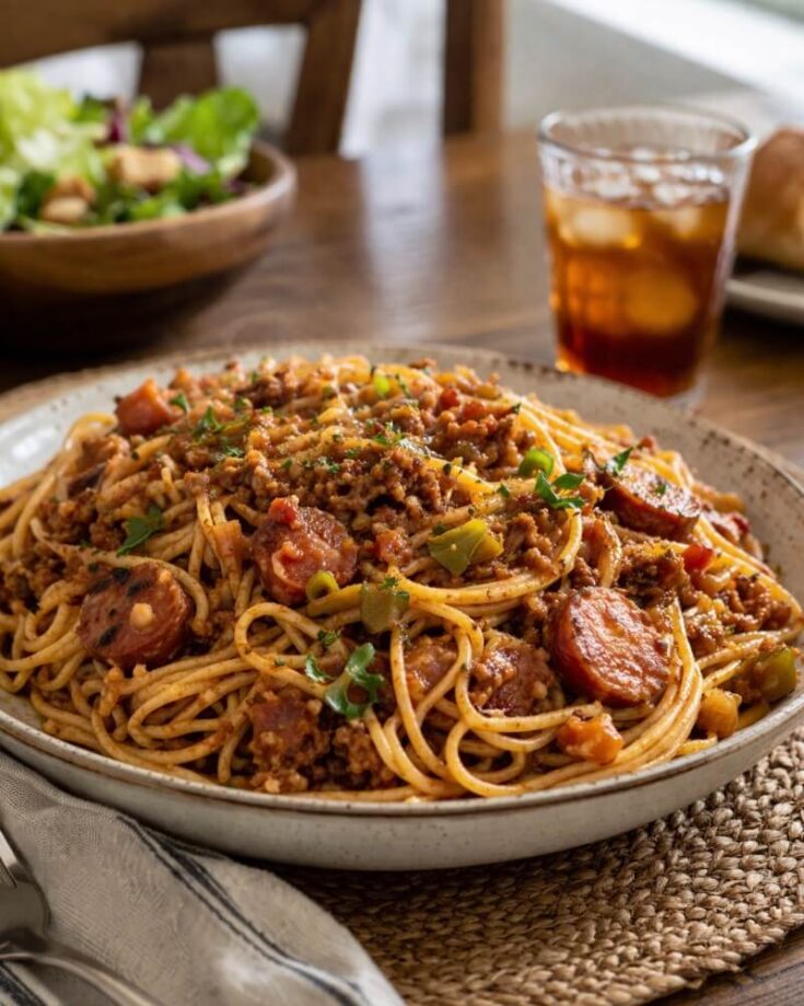 A plate of spaghetti topped with a hearty meat and tomato sauce sits on a woven mat, with a glass of iced tea, a green salad, and a bread roll in the background on a wooden table.