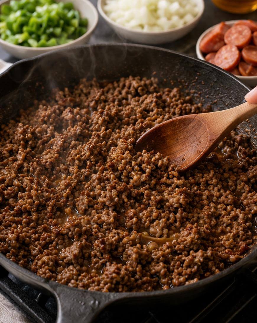 A wooden spoon stirs cooked ground beef in a black skillet, with bowls of chopped green peppers, onions, and sliced sausage visible in the background. Steam rises from the sizzling meat.