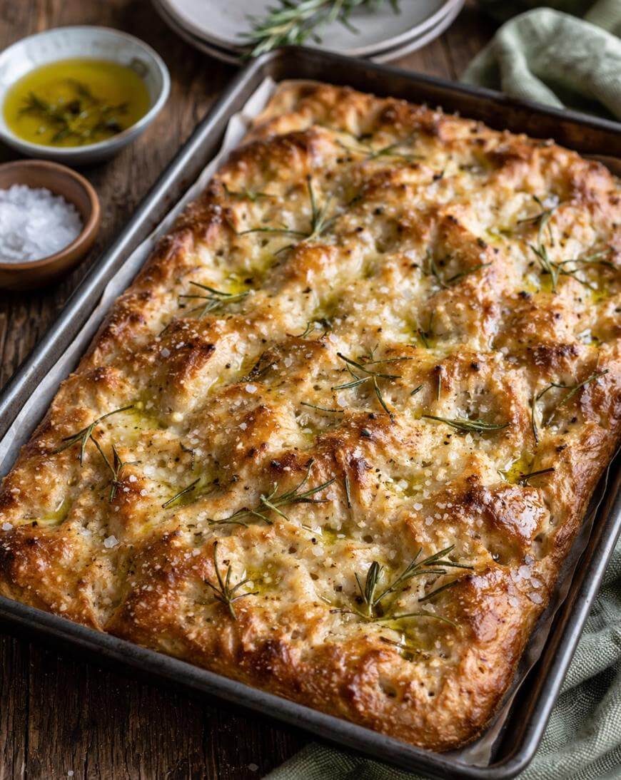 A rectangular tray of golden-brown focaccia bread topped with rosemary and sea salt. Small bowls of olive oil and salt sit nearby on a rustic wooden table.