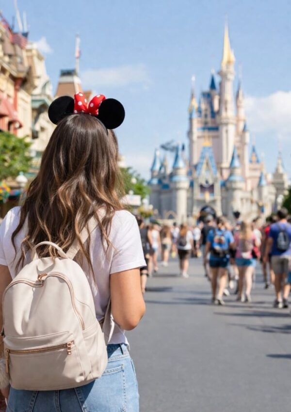 A woman with long brown hair, wearing Minnie Mouse ears, a white t-shirt, and a beige backpack, stands facing Cinderella’s Castle at a crowded Disney theme park on a sunny day.