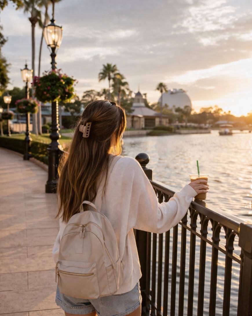 A woman with long hair, wearing a white sweater, denim shorts, and a backpack, stands by a waterfront railing at sunset, holding an iced drink. Palm trees and buildings are visible across the water.
