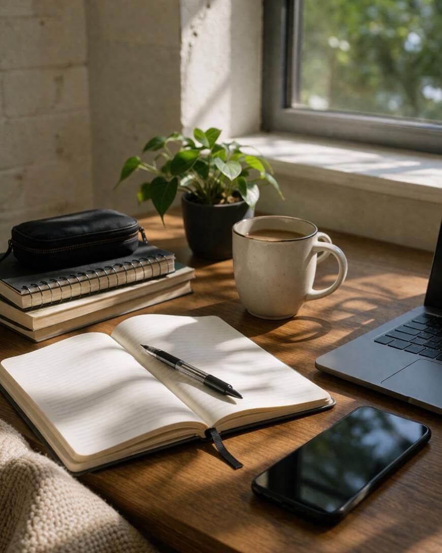 A cozy workspace with an open notebook and pen, a cup of coffee, a smartphone, and a laptop on a wooden desk near a sunlit window with a small potted plant.