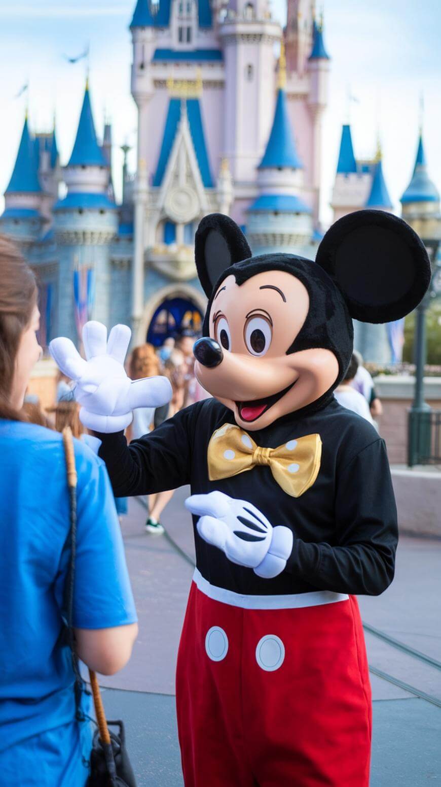 A person in a Mickey Mouse costume waves and interacts with a park guest who is wearing a blue shirt, with a castle and other visitors in the background at a theme park.