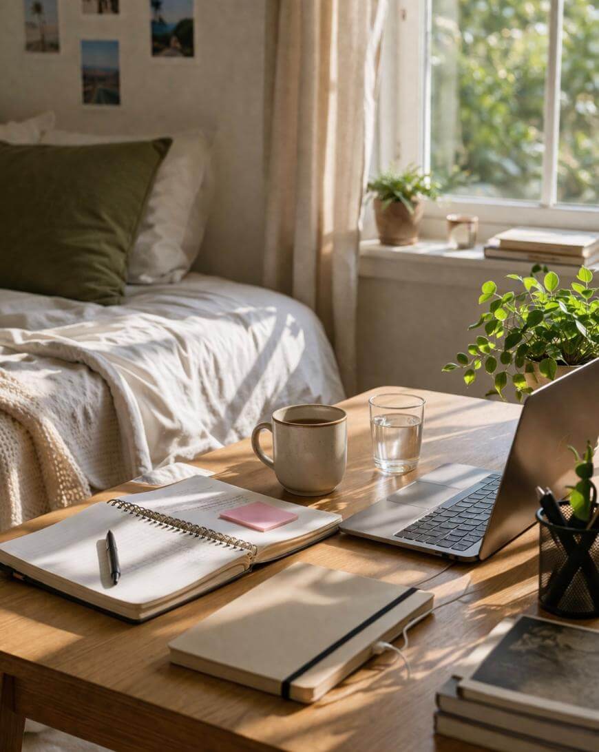A cozy home workspace with a wooden desk holding a laptop, notebooks, pen, mug, glass of water, and a potted plant. Sunlight streams through a window beside a neatly made bed with pillows and a blanket.