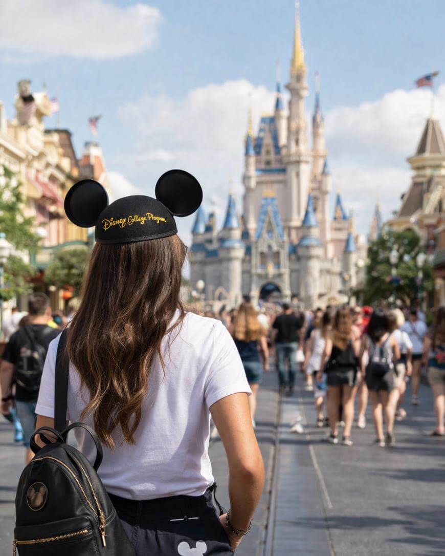A woman wearing Mickey Mouse ears and a backpack stands on a busy street at Disney World, facing Cinderella Castle in the distance under a clear sky.