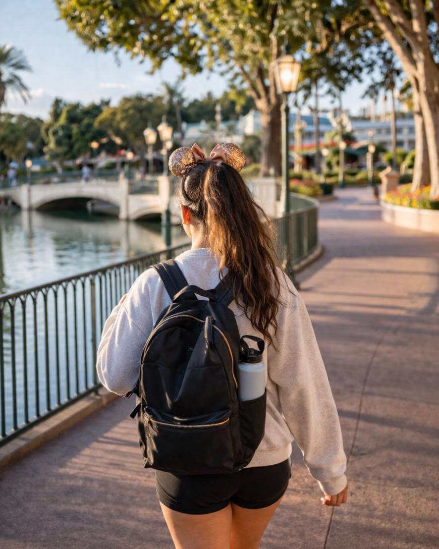 A woman with a ponytail, wearing Minnie Mouse ears, a light sweatshirt, shorts, and a backpack, walks along a sunny, tree-lined path next to a body of water at a theme park.
