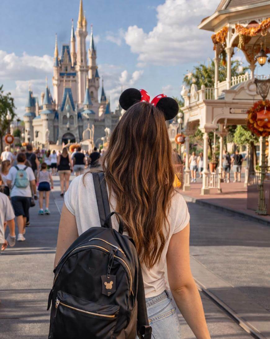 A person with long brown hair, wearing a Minnie Mouse headband and a backpack, walks toward Cinderella’s Castle at a Disney theme park on a sunny day. Other visitors are seen ahead and around them.