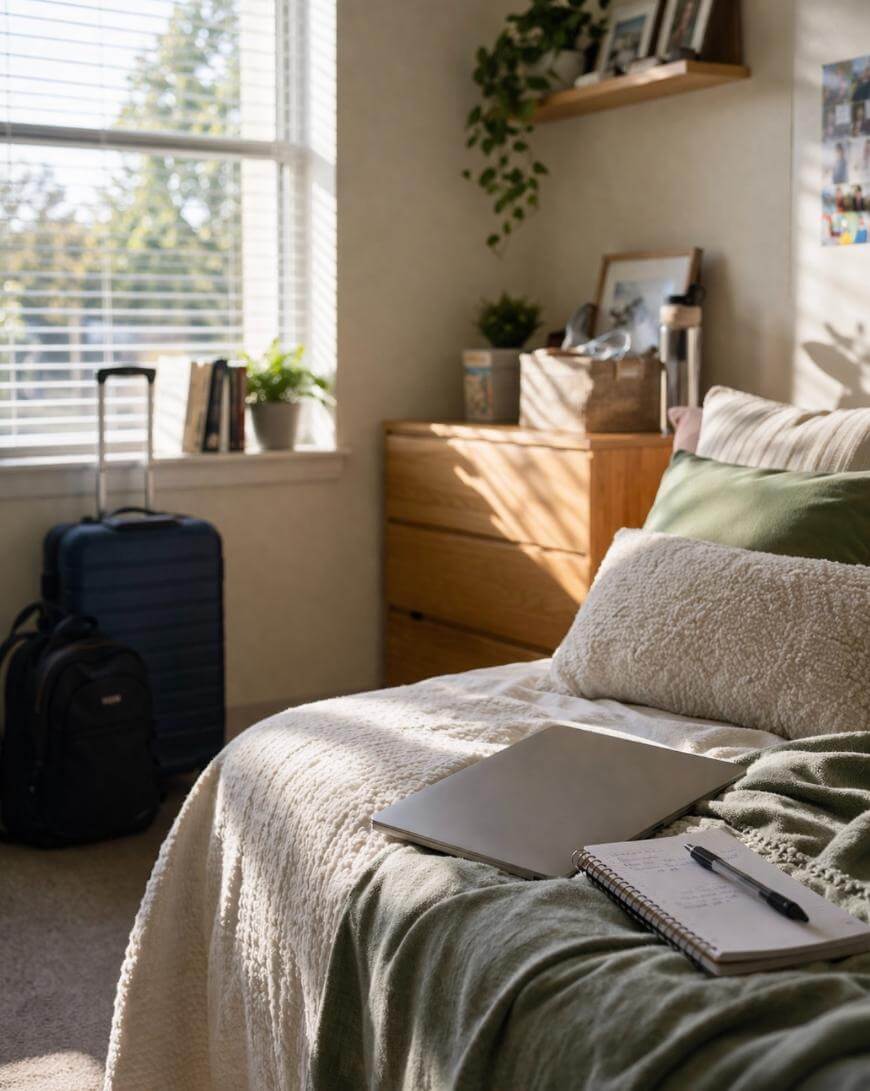 A cozy bedroom with sunlight streaming through a window, a suitcase and backpack by the dresser, a bed with pillows and a laptop, and a notebook with a pen on a green blanket. Plants and books decorate the space.