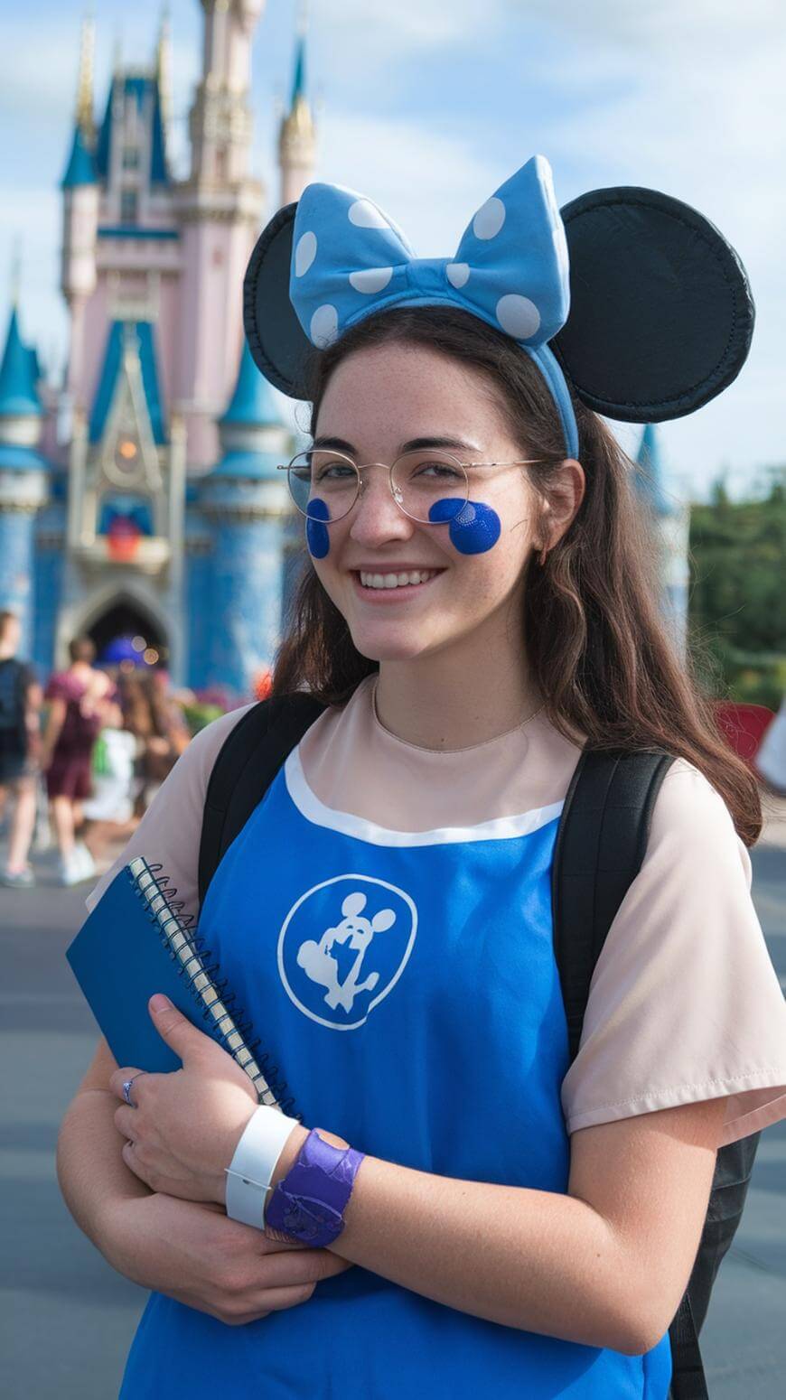 A young woman in a blue Minnie Mouse headband and glasses smiles in front of a castle. She wears a blue top with a mouse logo, has blue face paint dots on her cheeks, and holds a notebook and pen.