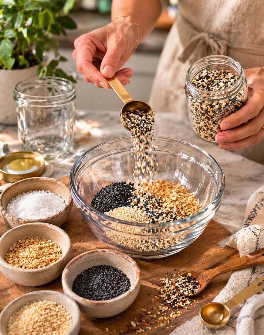 A person pours a spoonful of seeds from a jar into a glass bowl containing a mix of black, white, and tan seeds. Various small bowls with seeds and salt are arranged on a wooden board nearby.