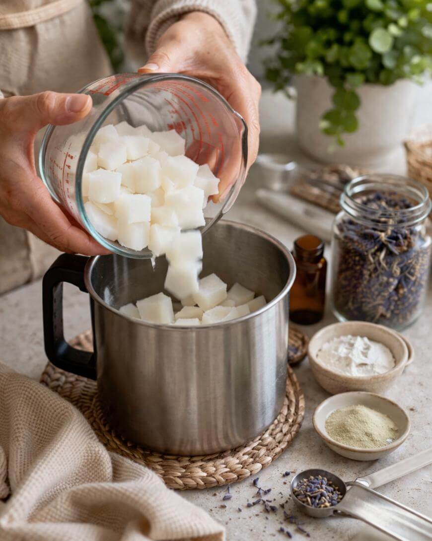 A person pours white soap cubes from a measuring cup into a stainless steel pot on a woven mat, surrounded by jars and bowls of ingredients, with plants in the background.