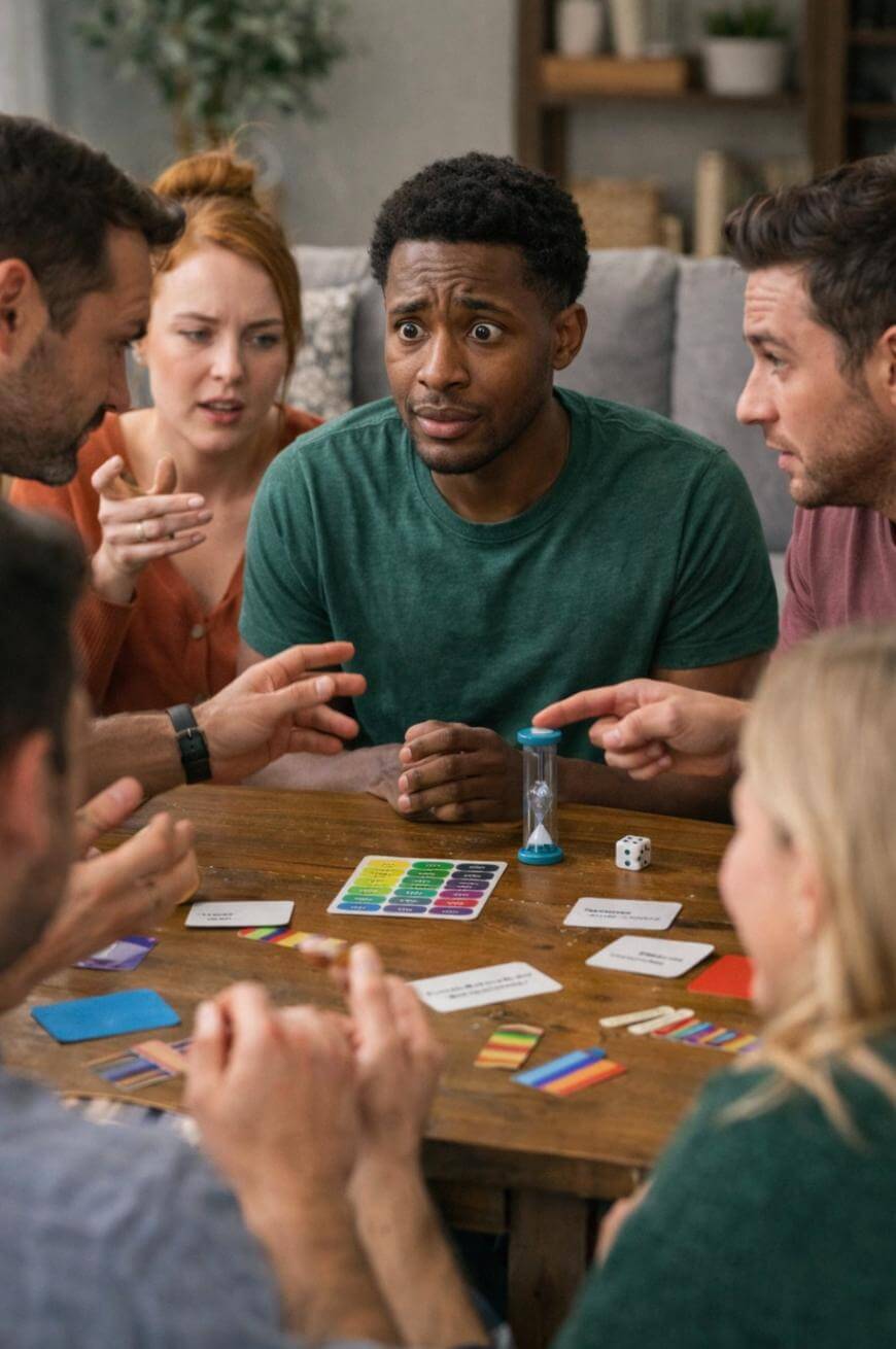 A group of friends sits around a table playing a colorful board game. The man in the center looks nervous or uncertain as others excitedly point and gesture toward him. Game cards and an hourglass are on the table.