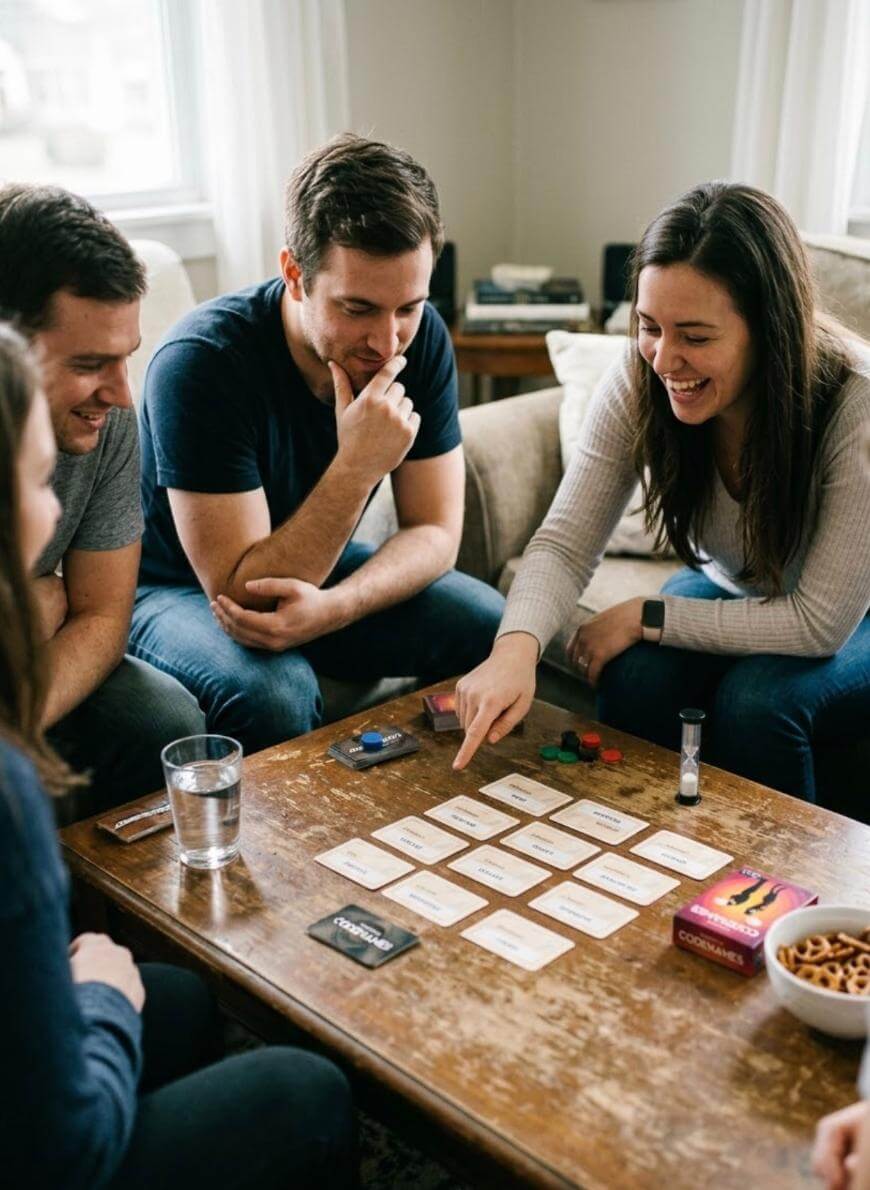 Four people sit around a wooden coffee table playing a card game together. There are cards, tokens, a sand timer, and snacks on the table. They are smiling and appear to be enjoying the game.