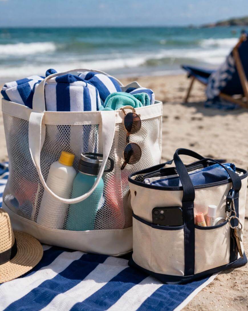 A mesh beach bag and a small cooler bag sit on a striped towel on the sand, filled with towels, sunscreen, sunglasses, bottles, and other beach essentials. The ocean and sky are visible in the background.