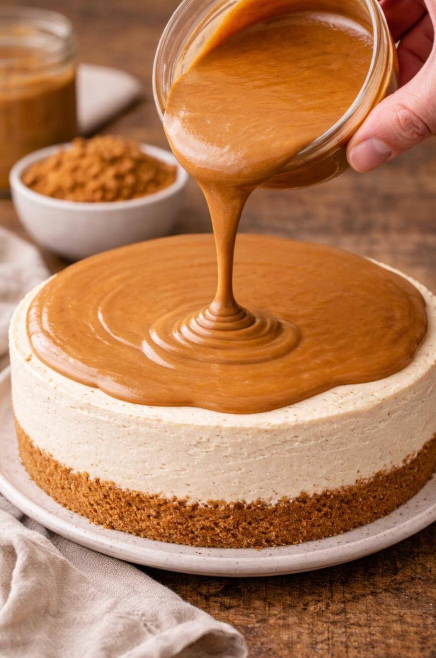 A hand pours thick caramel sauce over a round cheesecake with a graham cracker crust, set on a plate. In the background, there is a bowl of brown sugar and a jar on a wooden surface.