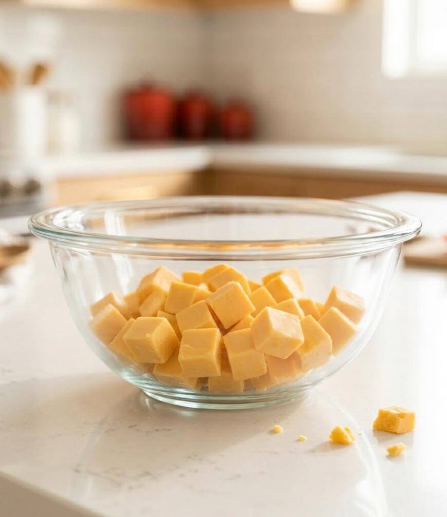 A clear glass bowl filled with cubes of yellow cheese sits on a white kitchen countertop, with a couple of cheese cubes lying nearby. The background shows a blurred kitchen scene.