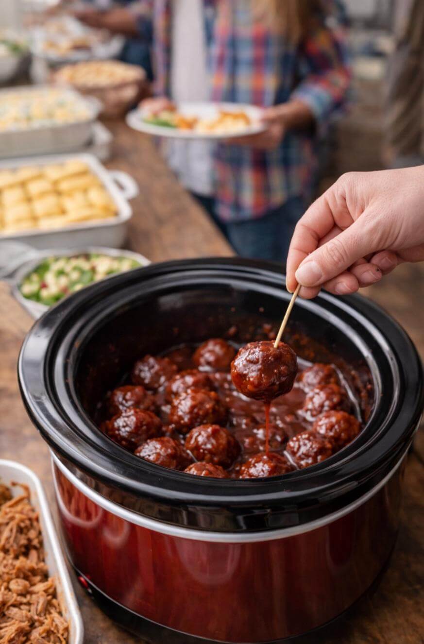 A hand uses a toothpick to pick up a saucy meatball from a slow cooker, surrounded by dishes of food at a buffet table. People are serving themselves in the background.