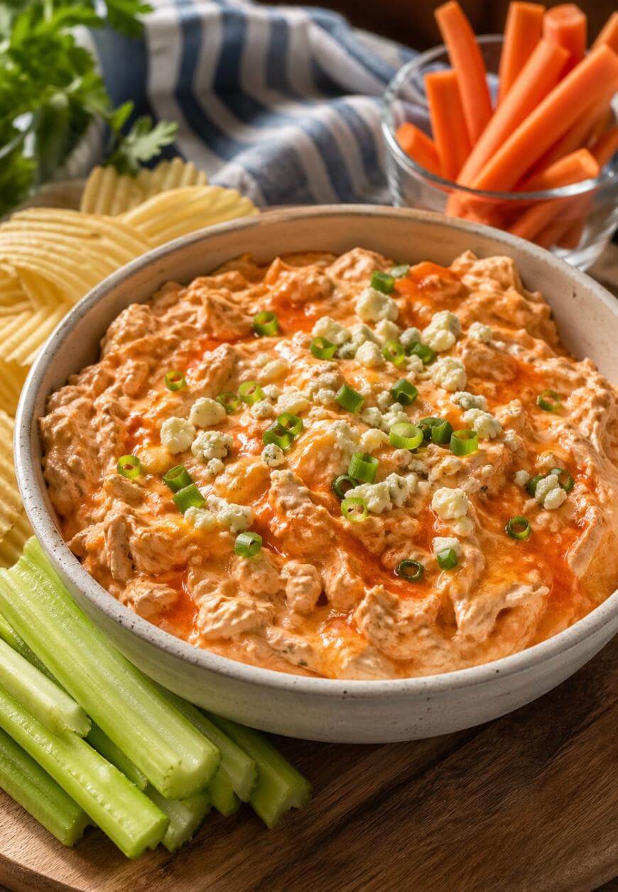 A bowl of creamy buffalo chicken dip topped with chopped green onions and blue cheese, surrounded by celery sticks, carrot sticks in a glass, and ridged potato chips on a wooden board.