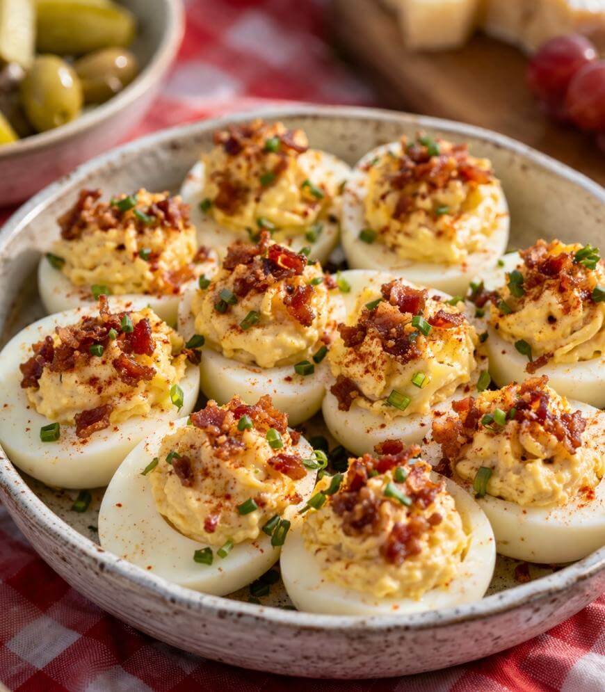 A bowl of deviled eggs topped with bacon bits, chives, and paprika sits on a red checkered tablecloth. Pickles and grapes are visible in the background.