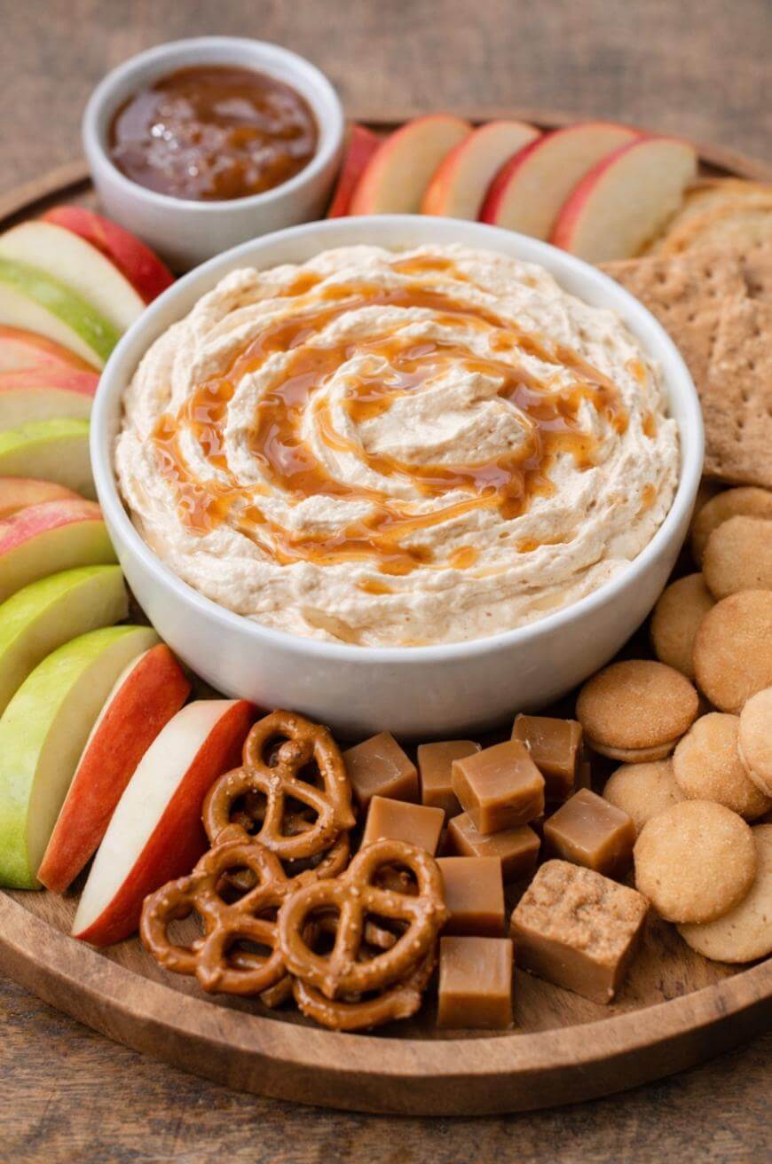 A wooden tray with a bowl of caramel dip, drizzled with caramel sauce, surrounded by sliced apples, pretzels, caramel candies, vanilla wafers, crackers, and a small bowl of fruit preserves.