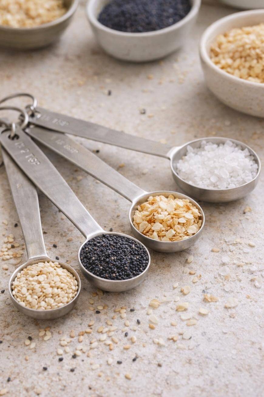 Four metal measuring spoons filled with sesame seeds, poppy seeds, dried onion flakes, and coarse salt, arranged on a light surface with scattered seeds and bowls in the background.