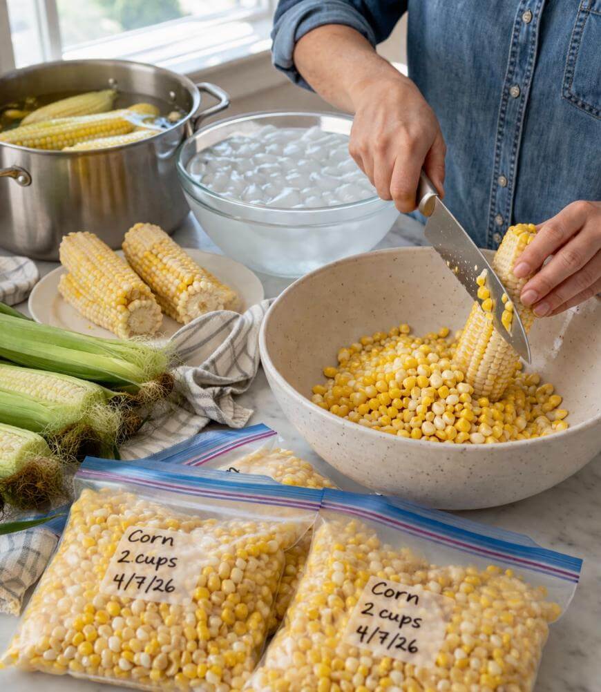 A person cuts corn kernels off cobs into a bowl, with corn and ice water on the counter. Labeled freezer bags filled with corn, reading Corn 2 cups 4/7/26, sit nearby.