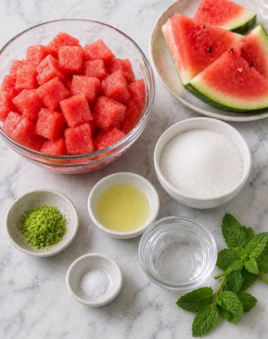 A bowl of cubed watermelon, a plate with watermelon wedges, and small bowls containing sugar, lime zest, lime juice, water, and salt sit on a marble surface next to fresh mint sprigs.