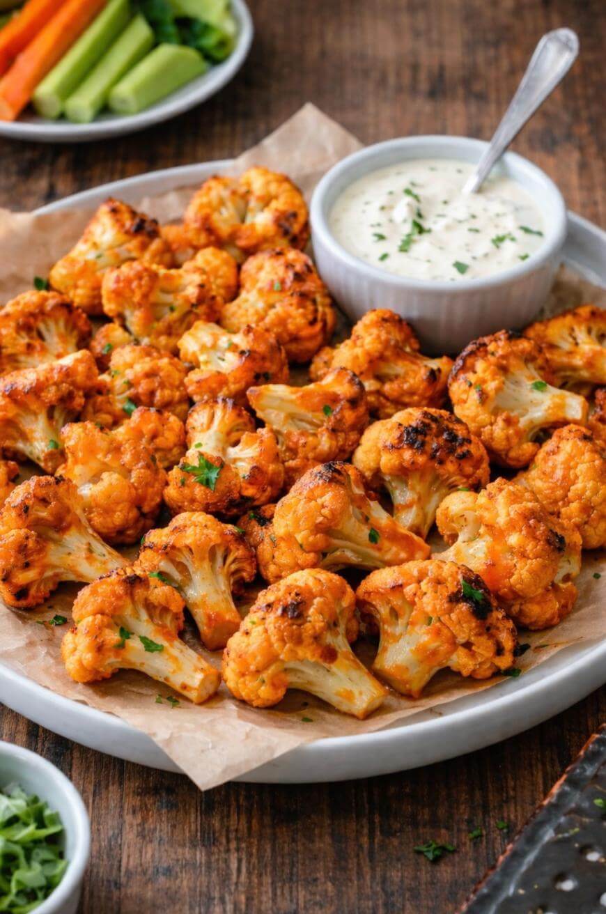 A plate of baked buffalo cauliflower bites sits on parchment paper, garnished with chopped herbs, with a bowl of creamy dipping sauce and assorted fresh vegetable sticks in the background.