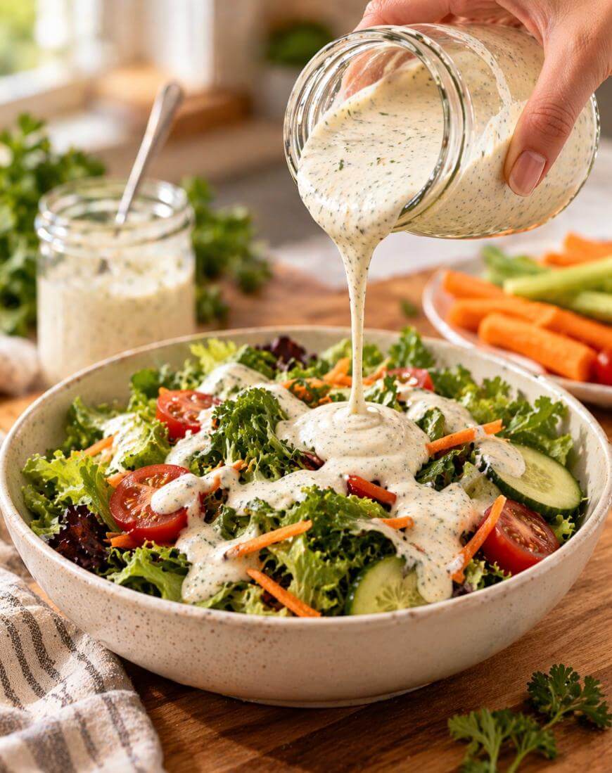 A hand pours creamy ranch dressing from a jar onto a fresh salad with lettuce, cherry tomatoes, cucumbers, and shredded carrots in a bowl. Cut vegetables and another jar are visible in the background.