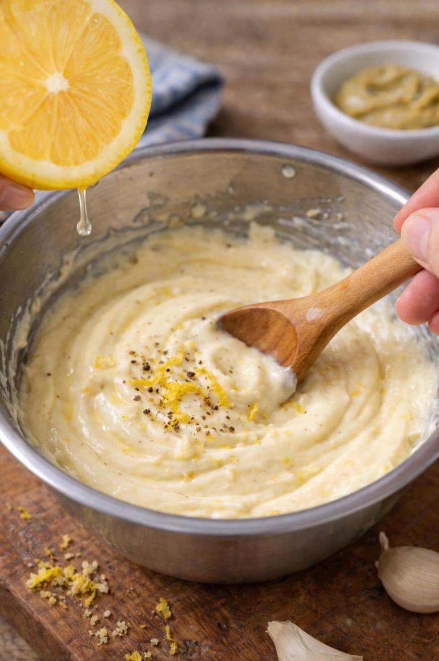 A hand squeezes a lemon over a metal bowl of creamy sauce being stirred with a wooden spoon, with ground pepper on top; garlic cloves and a small bowl of mustard are nearby.