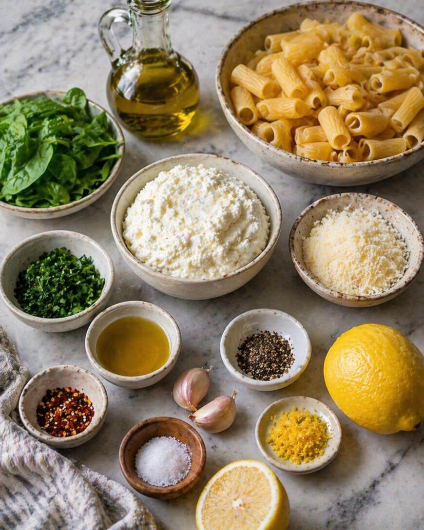 A variety of ingredients on a marble surface, including rigatoni pasta, ricotta cheese, grated parmesan, spinach, olive oil, chopped herbs, lemon, garlic, salt, pepper, chili flakes, and lemon zest in small bowls.