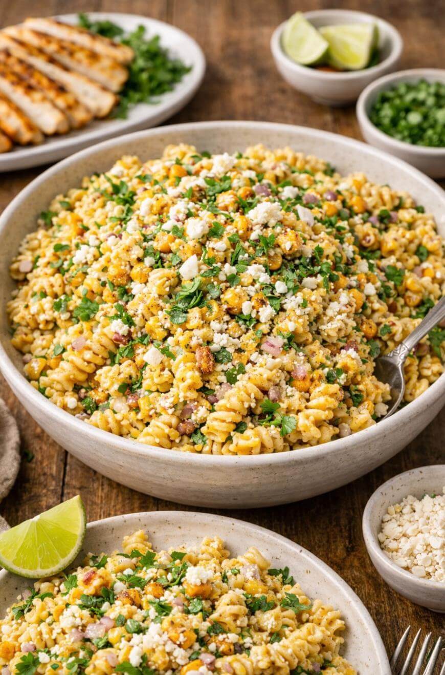 A large bowl of creamy rotini pasta salad topped with crumbled cheese, chopped herbs, and corn. Surrounding dishes hold lime wedges, sliced grilled chicken, herbs, and extra salad on a rustic wooden table.