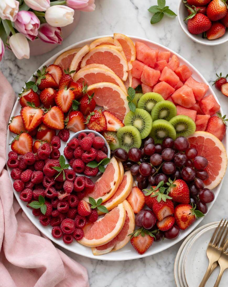 A round platter with sliced grapefruit, strawberries, watermelon cubes, kiwi slices, raspberries, and red grapes, garnished with mint. Tulips and a bowl of strawberries are nearby on a marble surface.