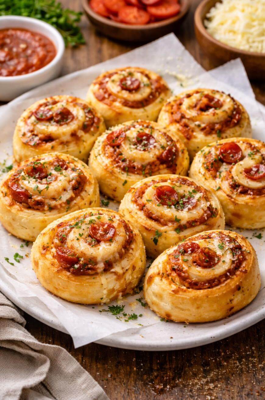 A plate of golden-brown pizza pinwheels topped with melted cheese, mini pepperoni slices, and sprinkled parsley. Bowls of marinara sauce, shredded cheese, and pepperoni are in the background.
