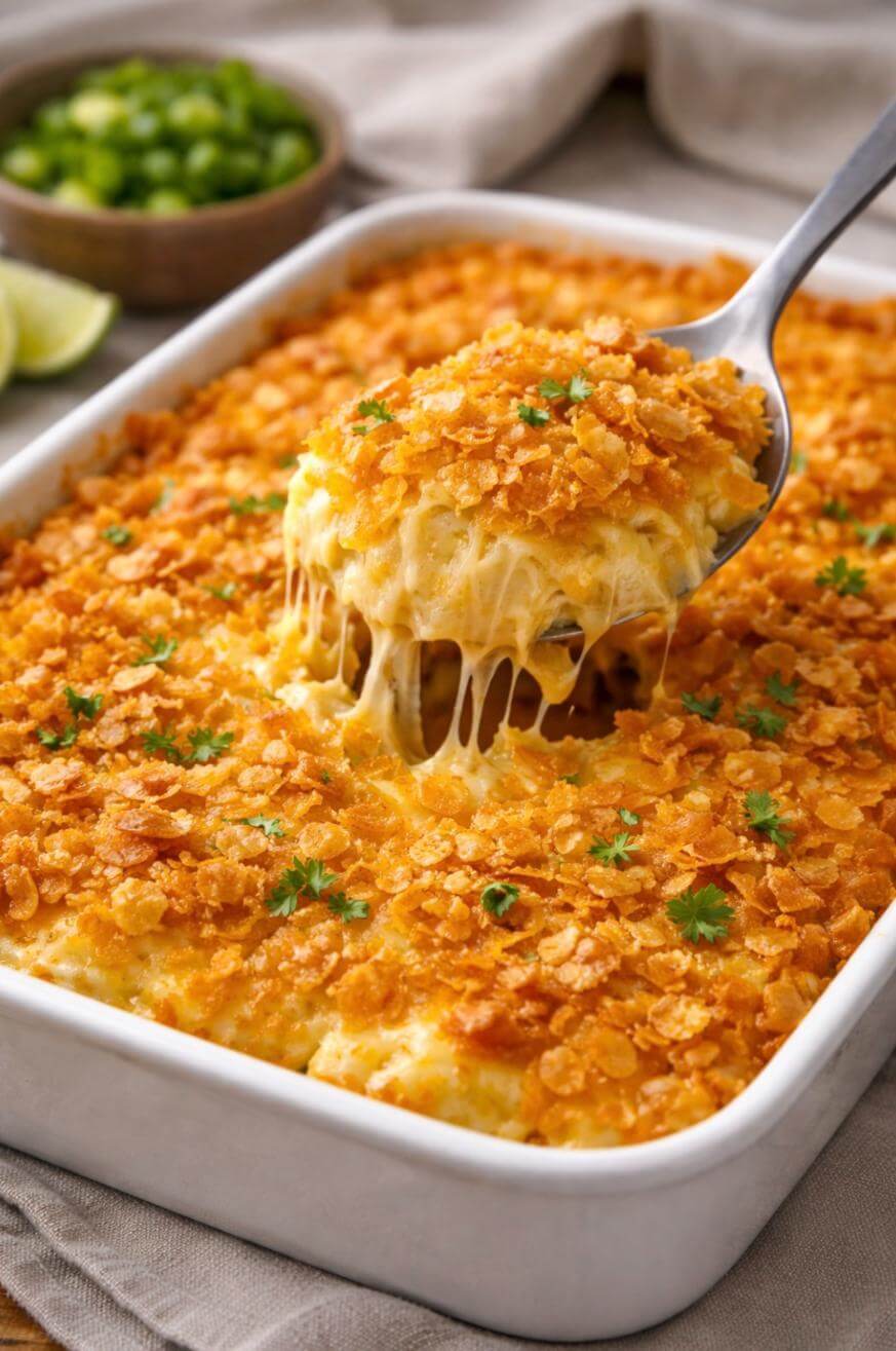 A baking dish filled with cheesy casserole topped with golden, crispy cornflakes and parsley, with a serving spoon lifting out a gooey, melted cheese portion. A bowl of green garnish is in the background.
