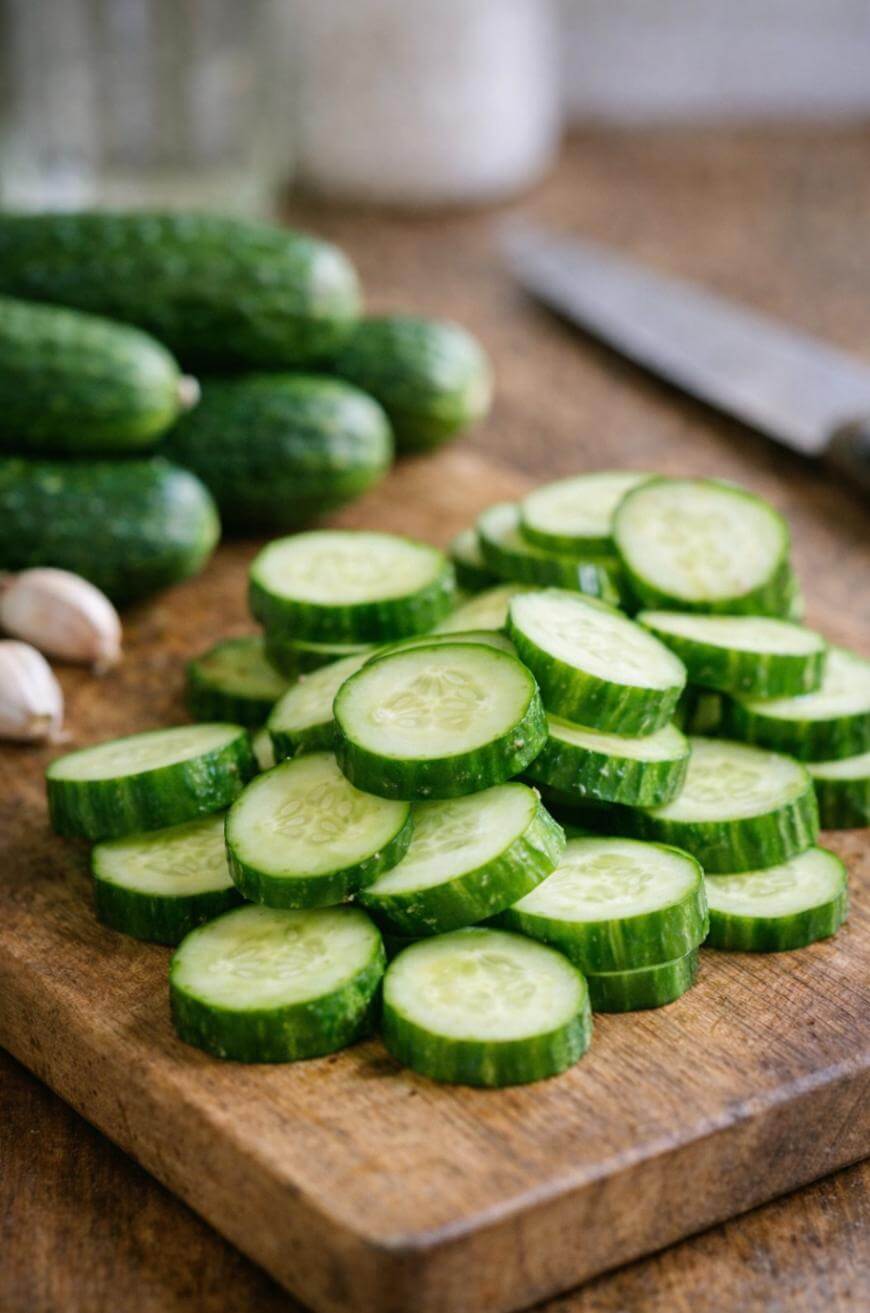 Sliced cucumber rounds are piled on a wooden cutting board, with whole cucumbers, garlic cloves, and a knife in the background.