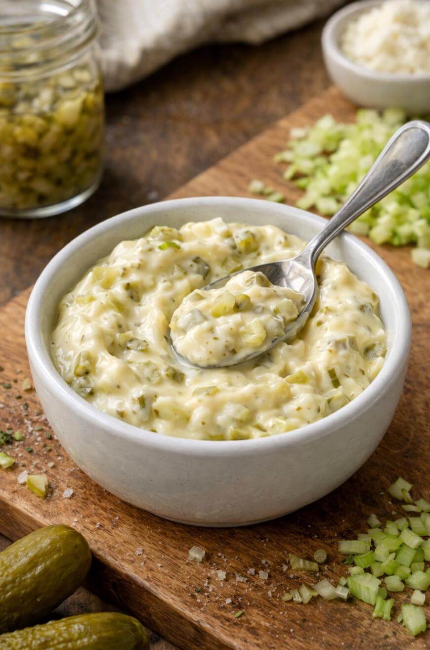A bowl of creamy tartar sauce with chopped pickles, celery, and spices, with a spoon resting inside. Diced vegetables, pickles, and a jar of relish sit nearby on a wooden surface.