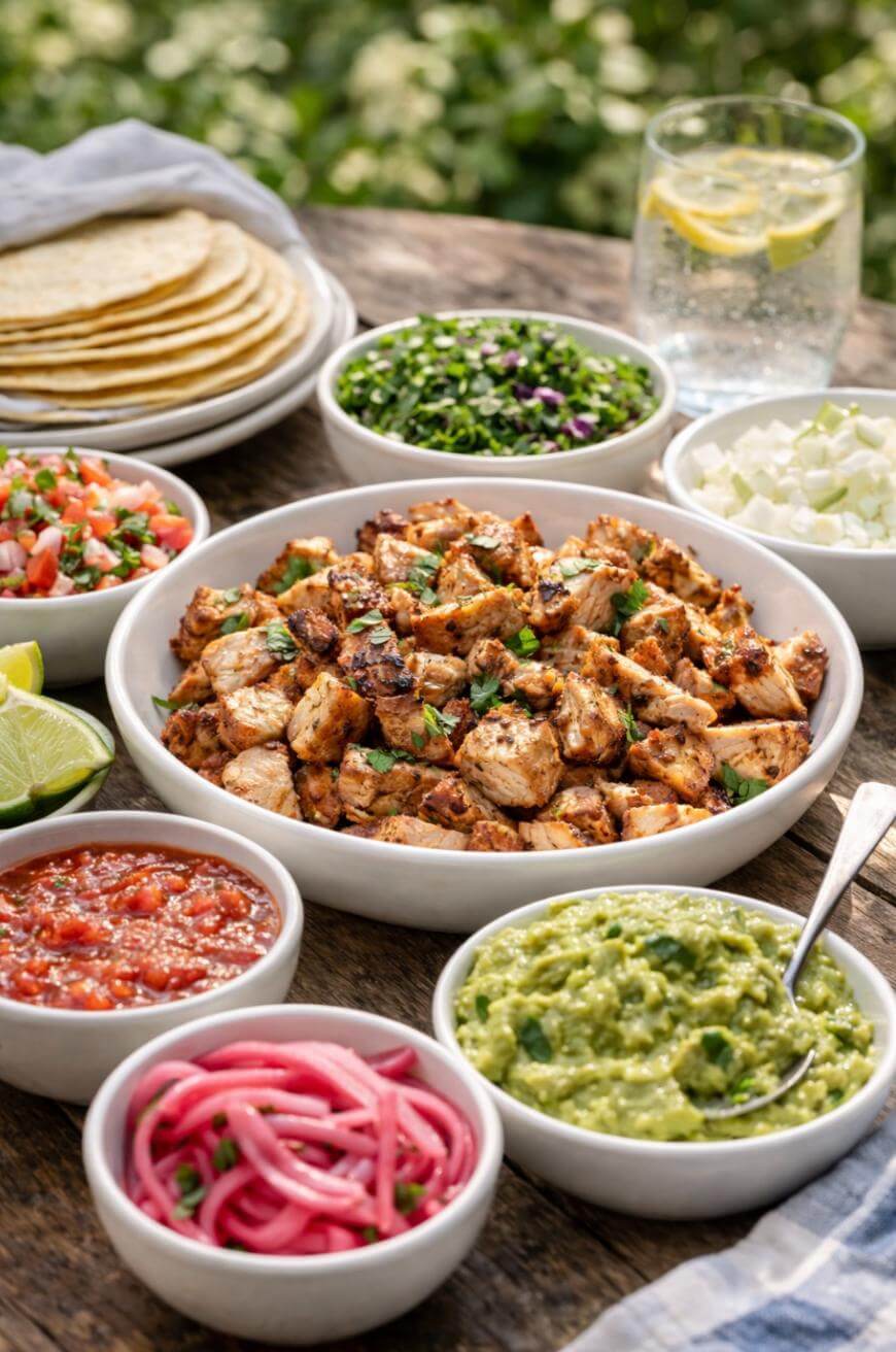 A wooden table set with bowls of grilled chicken, guacamole, salsa, pickled onions, chopped onions, cilantro, pico de gallo, lime wedges, a stack of tortillas, and a glass of water with lemon.