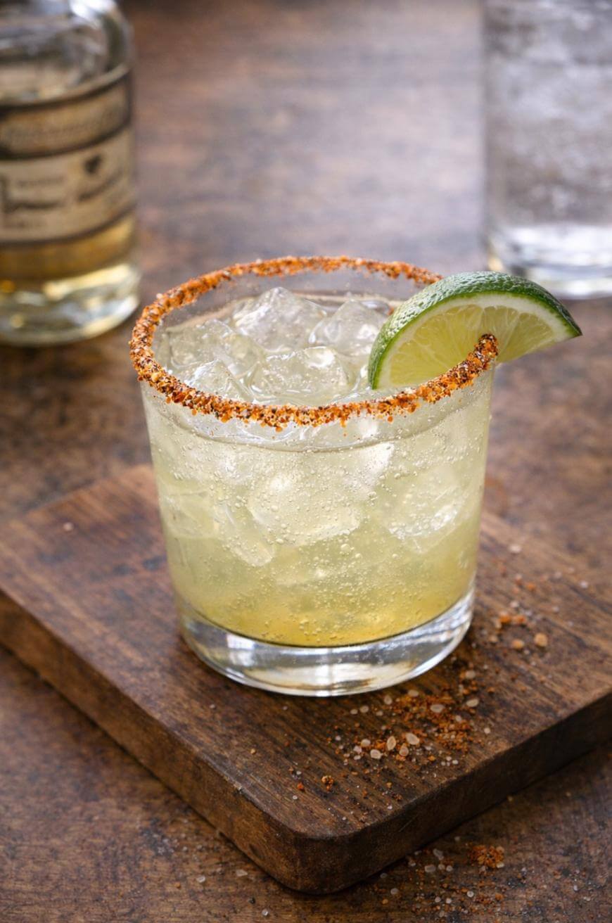 A glass of margarita with ice, a chili-salt rim, and a slice of lime garnish sits on a wooden board. In the background, there’s a blurred bottle and glass on a rustic table.