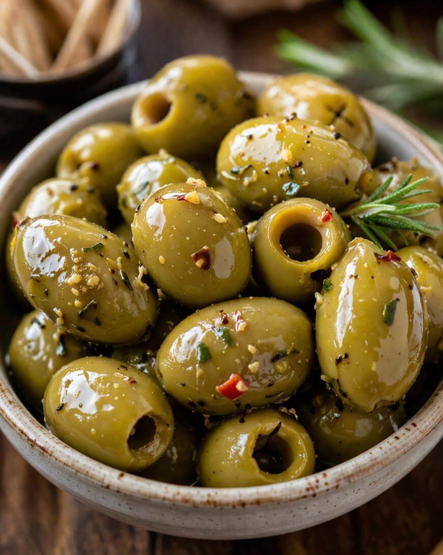 A bowl filled with marinated green olives, garnished with chopped herbs, red pepper flakes, and a sprig of rosemary. The olives appear glossy and seasoned, suggesting a savory appetizer.