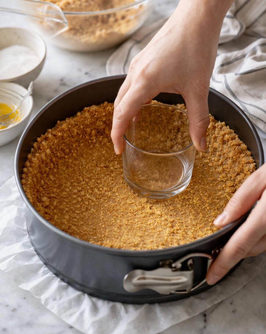 A person presses a glass into a round pan with graham cracker crust, forming the base for a dessert. Nearby are mixing bowls with ingredients on a white countertop.