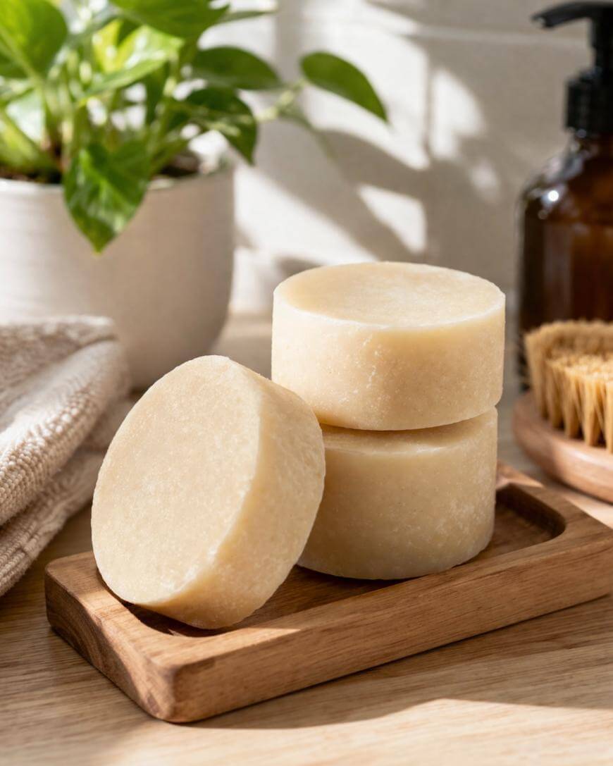 Three round bars of soap are stacked on a wooden soap dish, with sunlight streaming in. A green potted plant, a towel, a wooden brush, and a pump bottle are in the background, creating a natural, spa-like setting.