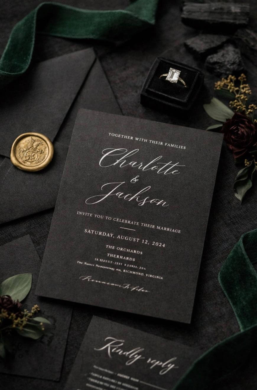 A black wedding invitation suite with elegant white script lettering, featuring the names Charlotte and Jackson, surrounded by dark floral accents, a green velvet ribbon, gold wax seal, and a diamond ring in a black box.
